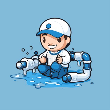 Illustration for Illustration of a Plumber Wearing a Plumber's Hat Sitting in Water - Royalty Free Image