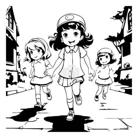 Téléchargez les illustrations : Image vectorielle d'une petite fille marchant dans la rue avec ses amis - en licence libre de droit