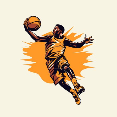 Téléchargez les illustrations : Joueur de basket avec ballon sur fond de feu. Illustration vectorielle dans un style rétro. - en licence libre de droit