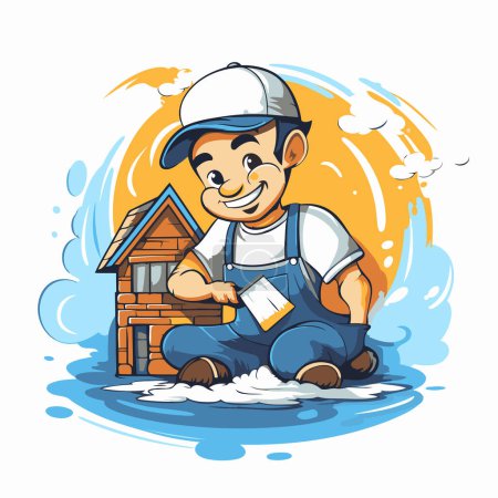 Illustration for Cartoon handyman sitting on the roof of a house. Vector illustration - Royalty Free Image