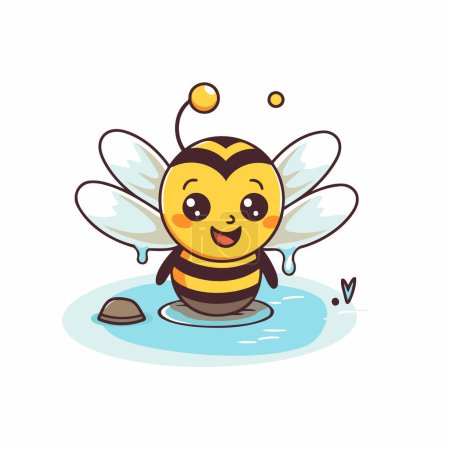 Illustration for Cute cartoon bee flying on water. Vector illustration isolated on white background. - Royalty Free Image