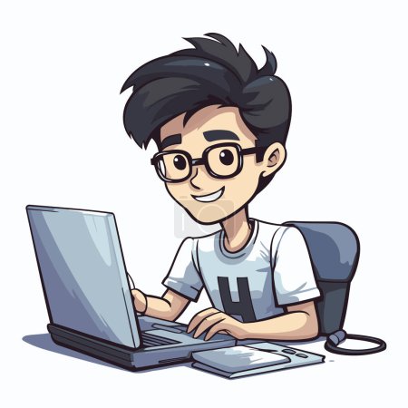 Téléchargez les illustrations : Illustration vectorielle d'un jeune homme travaillant sur son ordinateur portable à la maison. - en licence libre de droit
