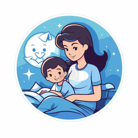 Illustration for Mother and son reading book in bed cartoon round icon vector illustration graphic design - Royalty Free Image