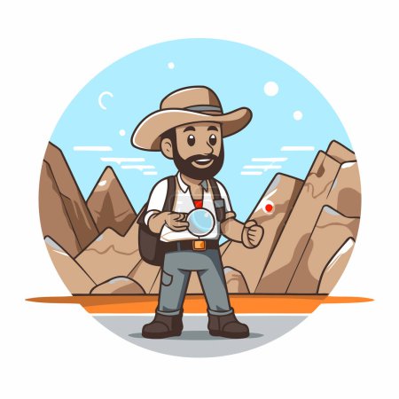Illustration for Cartoon explorer with a magnifying glass and map. Vector illustration. - Royalty Free Image