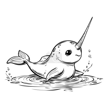 Ilustración de Lindo narval nadando en el agua. Ilustración vectorial en blanco y negro. - Imagen libre de derechos