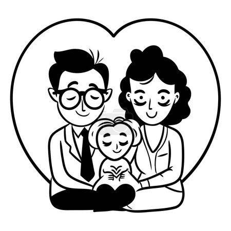 Téléchargez les illustrations : Couple de grands-parents mignons avec petite fille dans la conception d'illustration vectorielle coeur - en licence libre de droit