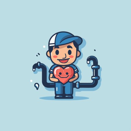Illustration for Cartoon mechanic holding a heart. Vector illustration. Cute character. - Royalty Free Image