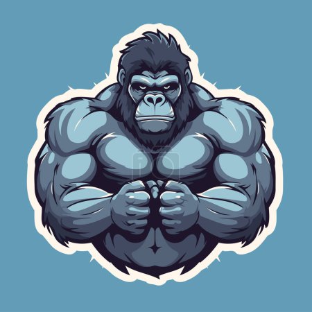 Vector illustration of a strong gorilla head mascot isolated on blue background.