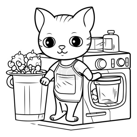 Téléchargez les illustrations : Illustration de dessin animé noir et blanc de chat avec équipement de blanchisserie pour livre à colorier - en licence libre de droit