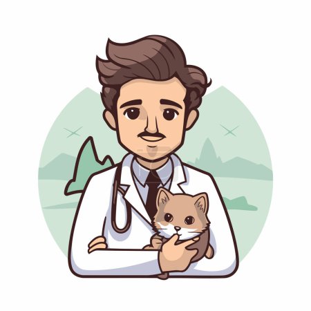 Téléchargez les illustrations : Un vétérinaire avec un chat. Illustration vectorielle dans le style dessin animé. - en licence libre de droit