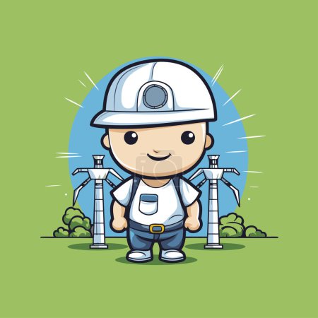Illustration for Cute engineer with wind turbine cartoon character vector illustration graphic design. - Royalty Free Image
