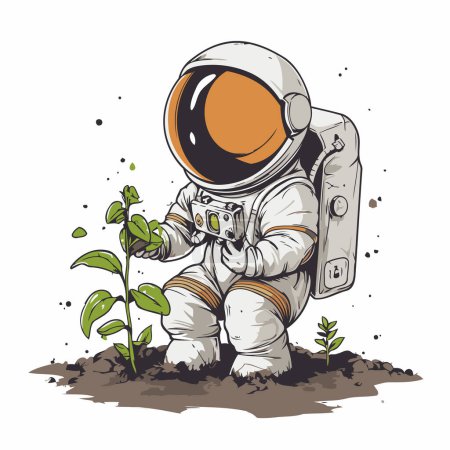 Téléchargez les illustrations : Astronaute avec une plante dans le sol. Illustration vectorielle. - en licence libre de droit