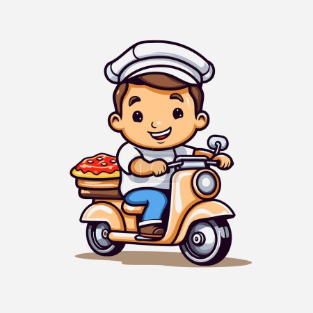 Ilustración de Lindo chico de dibujos animados montando una scooter y comiendo pizza. Ilustración vectorial. - Imagen libre de derechos