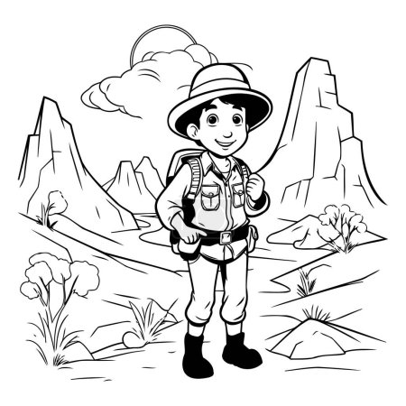 Téléchargez les illustrations : Boy scout dans les montagnes. Illustration vectorielle noir et blanc d'un garçon avec un sac à dos. - en licence libre de droit