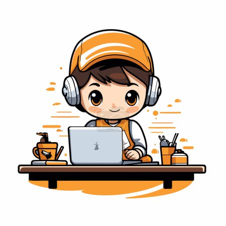 Cute boy working on laptop at home. Vector illustration of a cartoon character.