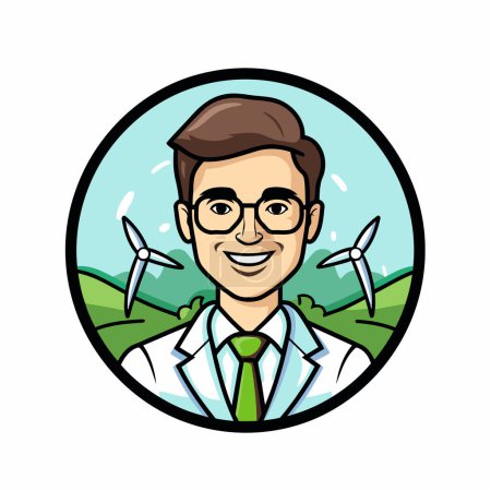 Illustration for Vector illustration of a male scientist or doctor with wind turbines in the background. - Royalty Free Image