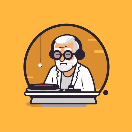 Vector illustration of old man in glasses playing turntable. Flat style design.