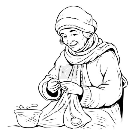 Ilustración de Ilustración vectorial de una anciana en un suéter cálido y sombrero con un tazón de sopa - Imagen libre de derechos