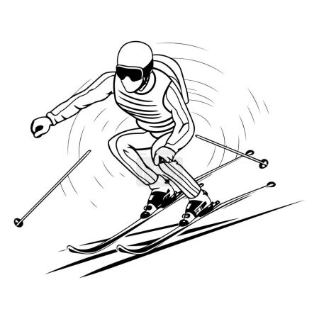 Téléchargez les illustrations : Je skie. Illustration vectorielle noir et blanc d'un skieur. - en licence libre de droit