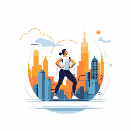 Illustration for Fitness woman running in the city. Vector illustration in flat style - Royalty Free Image