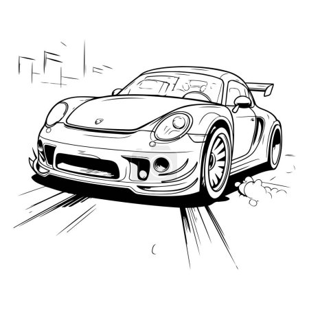 Téléchargez les illustrations : Image vectorielle d'une voiture de sport sur la route. Illustration dessinée à la main. - en licence libre de droit