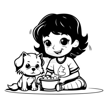 Ilustración de Linda chica con perro y tazón de comida. Ilustración vectorial. - Imagen libre de derechos