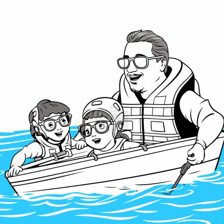 Illustration for Father and children in a boat. Vector illustration of a father and children in a boat. - Royalty Free Image