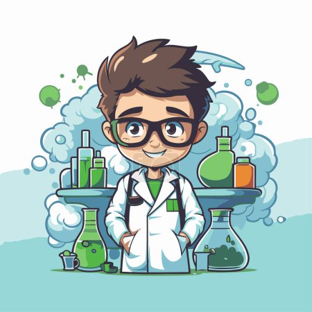 Illustration for Cute cartoon scientist with chemical equipment. Vector illustration on white background. - Royalty Free Image