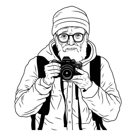 Téléchargez les illustrations : Vieil homme hippie avec une caméra à la main. Illustration vectorielle. - en licence libre de droit