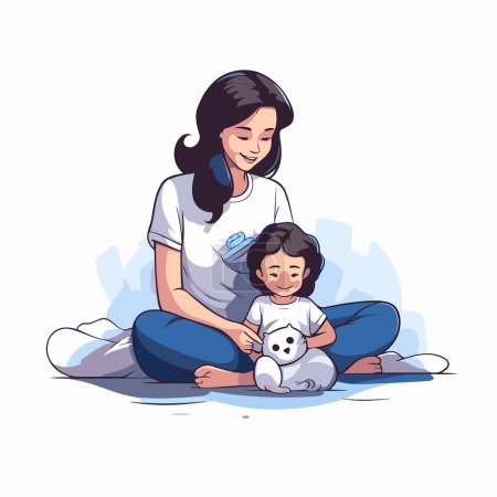 Illustration for Mother and her daughter playing with a soft toy. Vector illustration. - Royalty Free Image