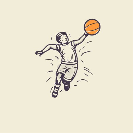 Téléchargez les illustrations : Joueur de basket-ball sautant avec la balle. Illustration vectorielle dans un style rétro. - en licence libre de droit