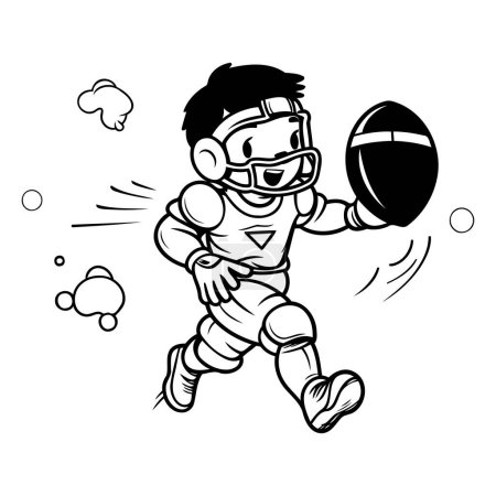 Téléchargez les illustrations : Bande dessinée mignon joueur de football américain qui court avec le ballon. Illustration vectorielle. - en licence libre de droit