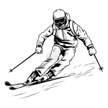 Téléchargez les illustrations : Je skie. Illustration vectorielle monochrome du skieur en descente - en licence libre de droit