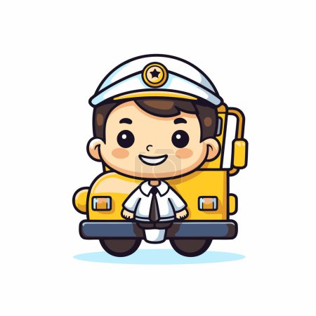 Téléchargez les illustrations : Joli garçon en uniforme au volant d'un autobus scolaire. Illustration vectorielle des caractères. - en licence libre de droit