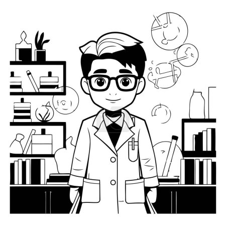 Illustration for Vector illustration of a man in a lab coat standing in front of bookshelf. - Royalty Free Image