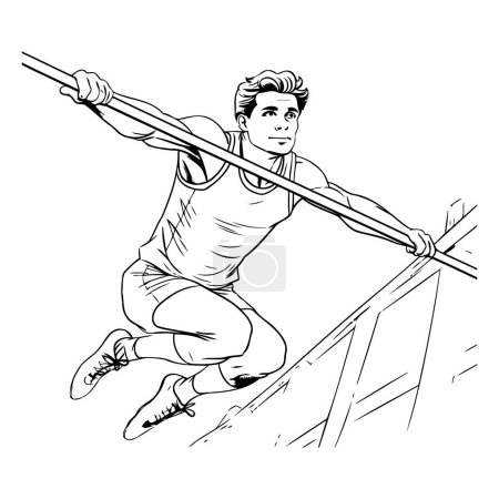 Illustration for Athletic man jumps over obstacles. Black and white vector illustration. - Royalty Free Image
