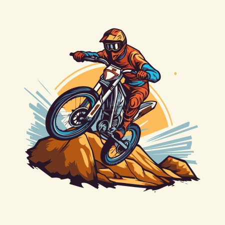 Ilustración de Motocross rider en una bicicleta de montaña en acción. Ilustración vectorial. - Imagen libre de derechos