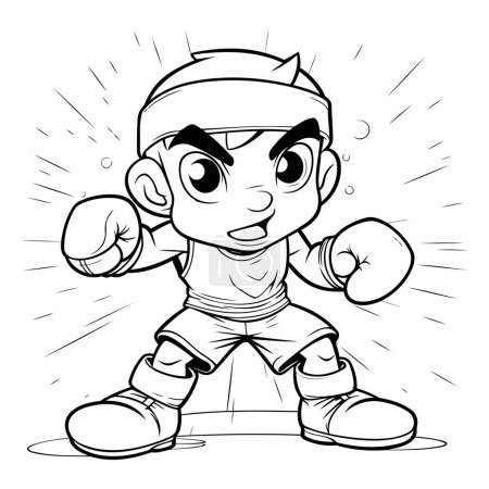 Foto de Ilustración de dibujos animados en blanco y negro de un niño Boxeador personaje usando guantes de boxeo - Imagen libre de derechos