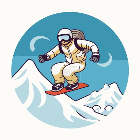 Téléchargez les illustrations : Snowboarder saut avec snowboard. Illustration vectorielle dans un style rétro. - en licence libre de droit