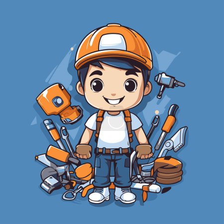 Illustration for Cartoon boy construction worker with a set of tools. Vector illustration. - Royalty Free Image