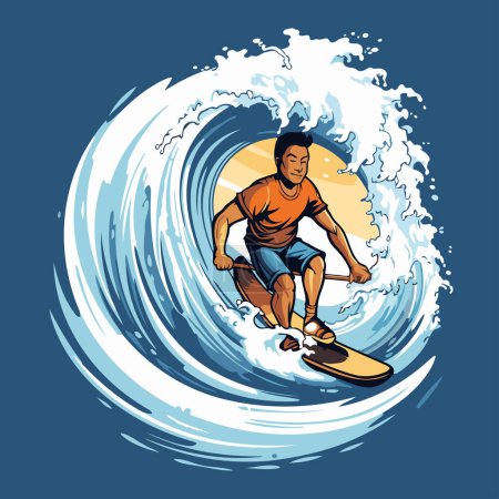 Illustration for Surfer with a surfboard on the wave. Vector illustration. - Royalty Free Image