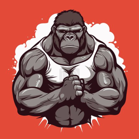 Illustration for Vector illustration of a strong gorilla in a t-shirt on a red background - Royalty Free Image