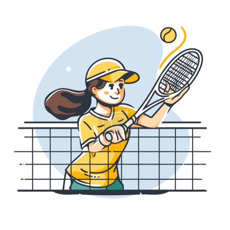 Téléchargez les illustrations : Joueuse de tennis avec raquette. Illustration vectorielle dans le style dessin animé. - en licence libre de droit