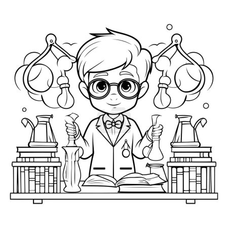 Illustration for Cartoon scientist in lab. Black and white vector illustration for coloring book. - Royalty Free Image