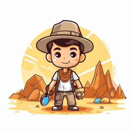 Ilustración de Un chico con una lupa en el desierto. Ilustración vectorial. - Imagen libre de derechos
