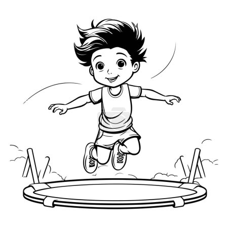 Téléchargez les illustrations : Boy Jumping on Trampoline - Illustration de bande dessinée en noir et blanc. Vecteur - en licence libre de droit