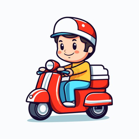 Téléchargez les illustrations : Mignon petit garçon en scooter. Illustration vectorielle de dessin animé. - en licence libre de droit