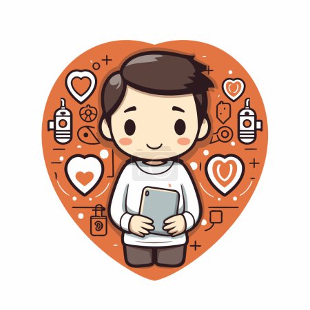 Ilustración de Niño usando tableta en forma de corazón con iconos de redes sociales ilustración vectorial. - Imagen libre de derechos