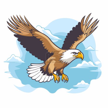 Illustration for Bald Eagle flying in the blue sky with clouds. Vector illustration. - Royalty Free Image