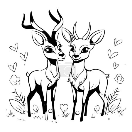 Téléchargez les illustrations : Illustration noir et blanc d'une paire d'antilopes amoureuses. - en licence libre de droit